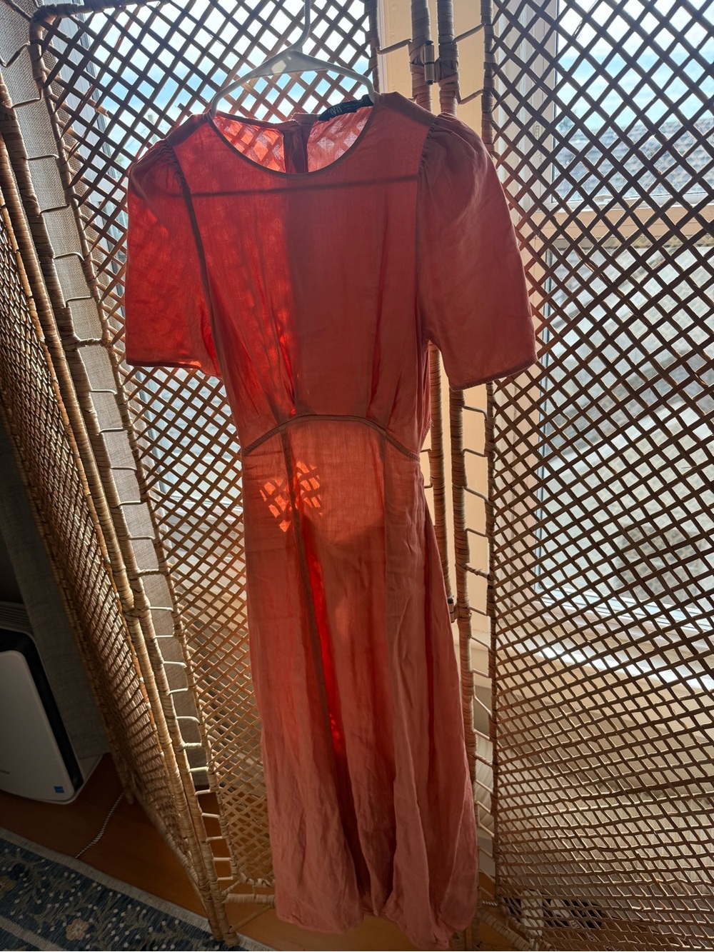 Zara Linen peach coral Midi Dress with Puff Sleeve detail